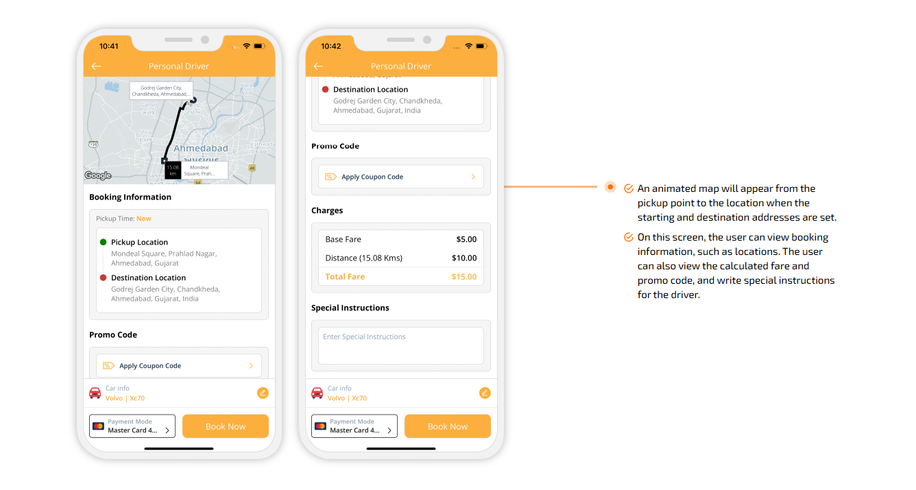 An animated map will appear from the pickup point to the location when the starting and destination addresses are set.